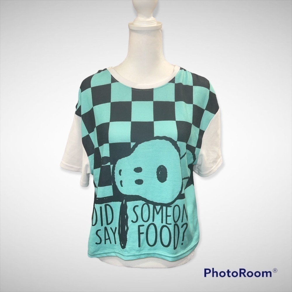 Peanuts Snoopy Graphic T-Shirt Teal Black Checkered Did Someone Say Food‎ Small